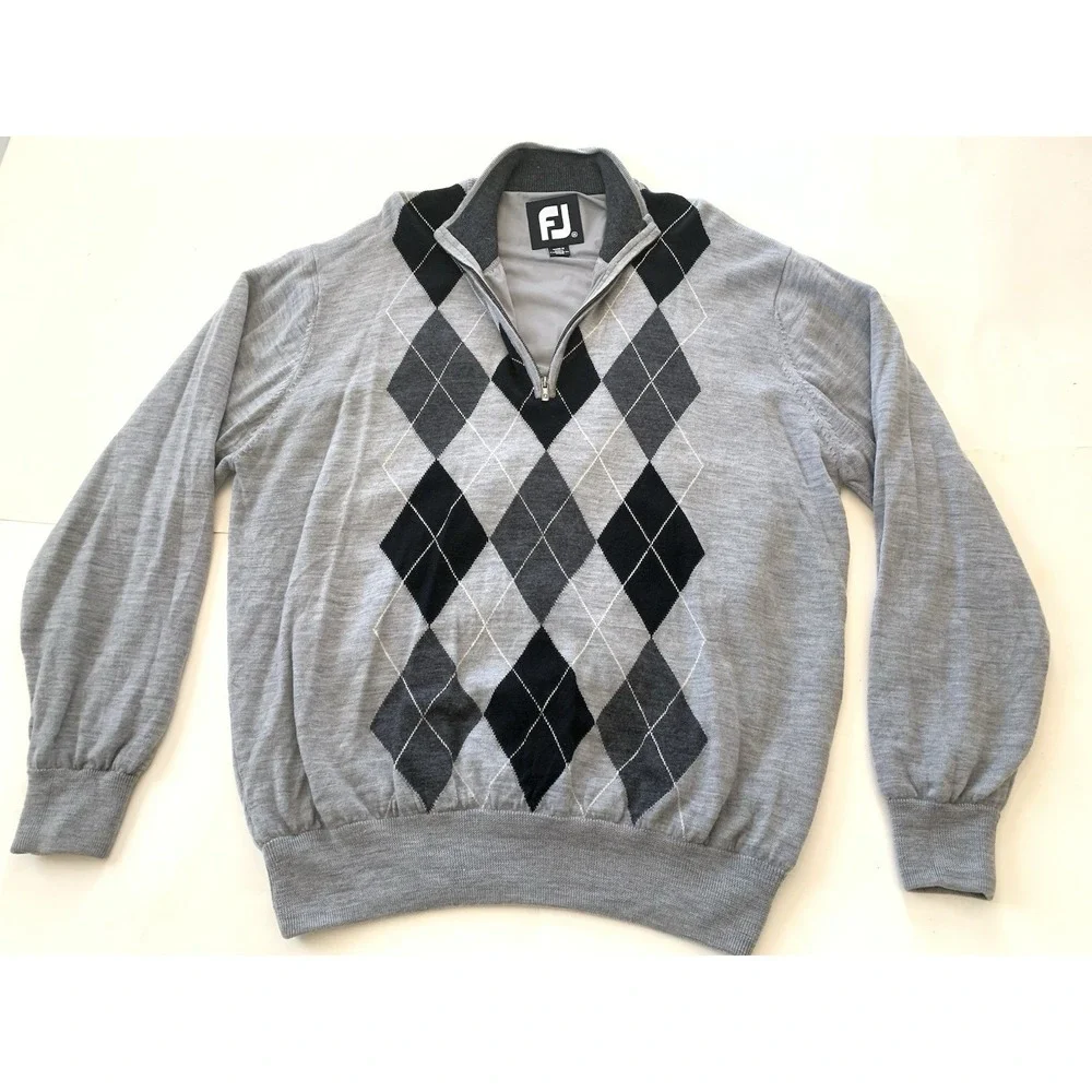 Footjoy Quarter Zip Golf Sweater Mens XXL Gray Black Argyle 100% Wool Logo Lined